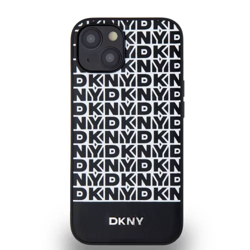 DKNY PU Leather Repeat Pattern Bottom Stripe MagSafe tok, iPhone 14 - fekete