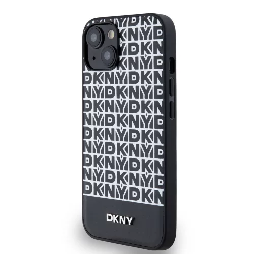DKNY PU Leather Repeat Pattern Bottom Stripe MagSafe tok, iPhone 14 - fekete