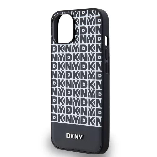 DKNY PU Leather Repeat Pattern Bottom Stripe MagSafe tok, iPhone 14 - fekete