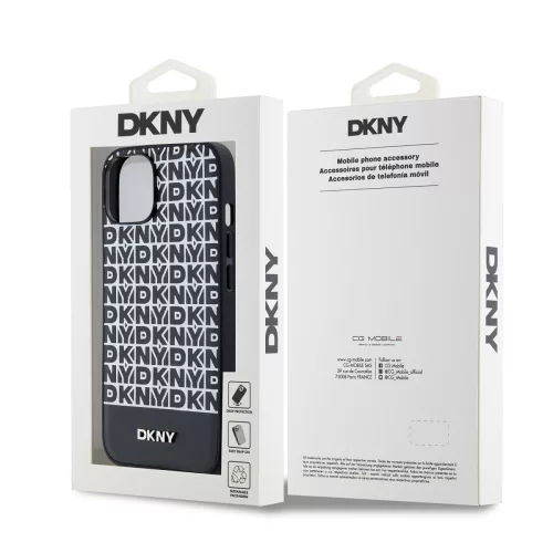 DKNY PU Leather Repeat Pattern Bottom Stripe MagSafe tok, iPhone 14 - fekete