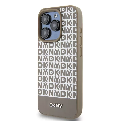 DKNY PU Leather Repeat Pattern Bottom Stripe MagSafe tok, iPhone 14 Pro - barna