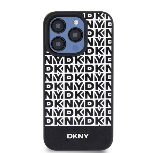 DKNY PU Leather Repeat Pattern Bottom Stripe MagSafe tok, iPhone 14 Pro - fekete