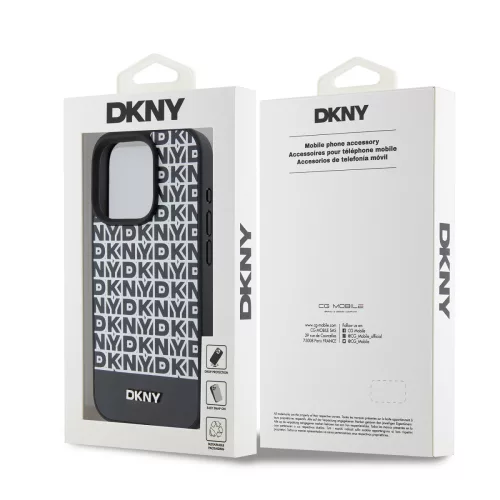 DKNY PU Leather Repeat Pattern Bottom Stripe MagSafe tok, iPhone 14 Pro - fekete