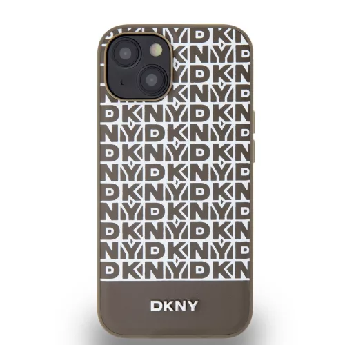 DKNY PU Leather Repeat Pattern Bottom Stripe MagSafe tok, iPhone 15 - barna