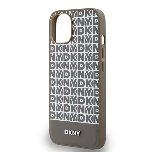 DKNY PU Leather Repeat Pattern Bottom Stripe MagSafe tok, iPhone 15 - barna