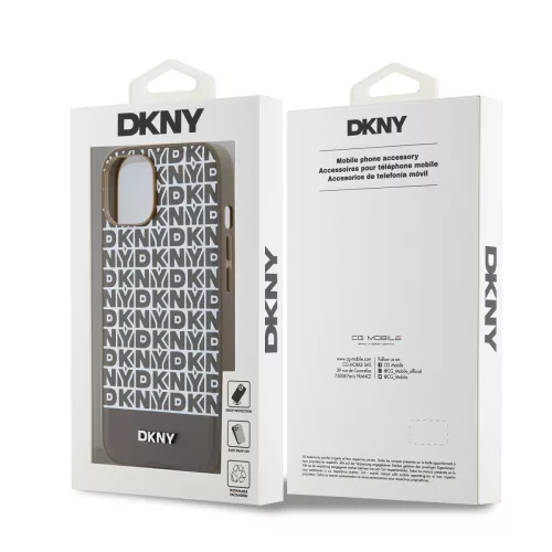 DKNY PU Leather Repeat Pattern Bottom Stripe MagSafe tok, iPhone 15 - barna