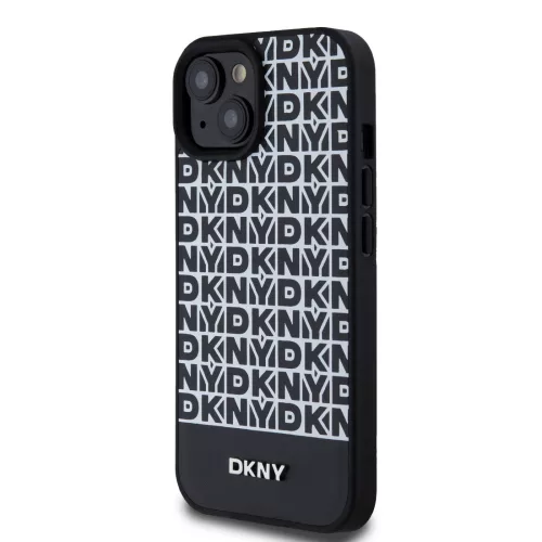 DKNY PU Leather Repeat Pattern Bottom Stripe MagSafe tok, iPhone 15 - fekete