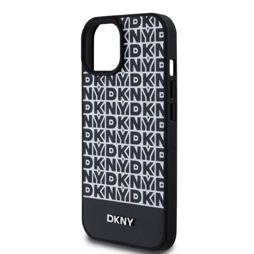 DKNY PU Leather Repeat Pattern Bottom Stripe MagSafe tok, iPhone 15 - fekete