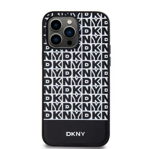 DKNY PU Leather Repeat Pattern Bottom Stripe MagSafe tok, iPhone 15 Pro Max - fekete