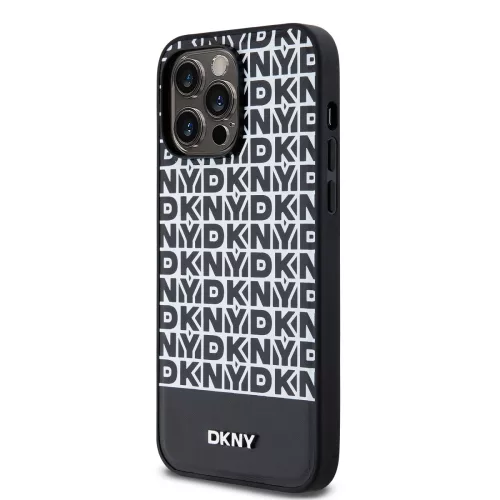 DKNY PU Leather Repeat Pattern Bottom Stripe MagSafe tok, iPhone 15 Pro Max - fekete
