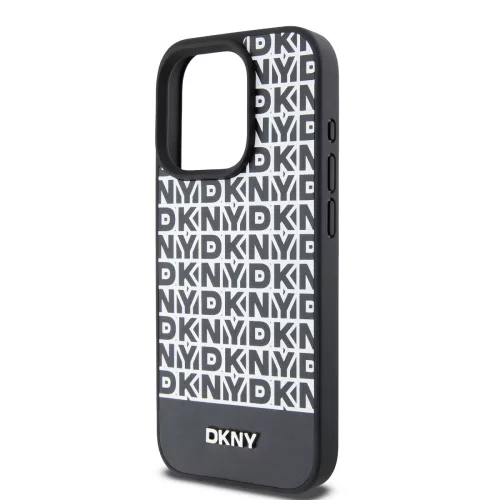 DKNY PU Leather Repeat Pattern Bottom Stripe MagSafe tok, iPhone 15 Pro Max - fekete
