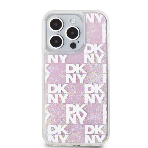 DKNY Liquid Glitter Checkered Pattern tok, iPhone 15 Pro - rózsaszín