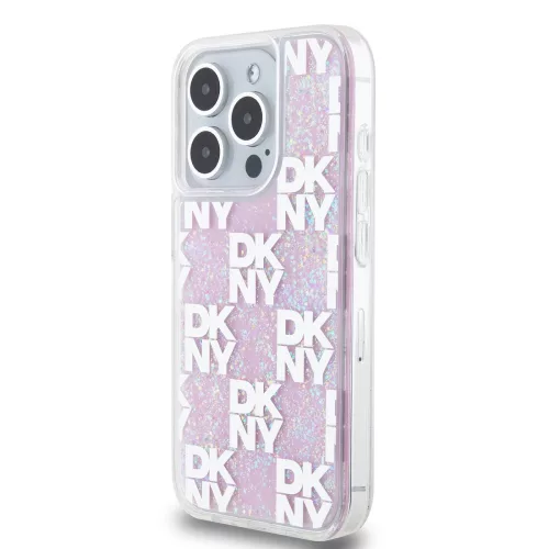 DKNY Liquid Glitter Checkered Pattern tok, iPhone 15 Pro - rózsaszín