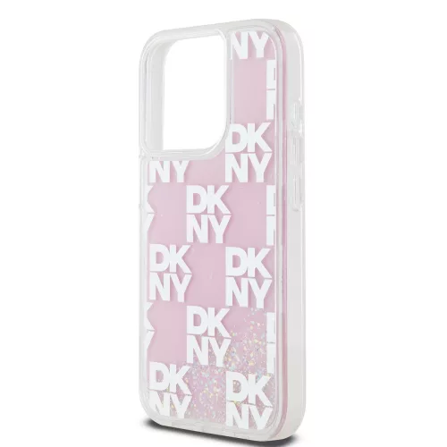 DKNY Liquid Glitter Checkered Pattern tok, iPhone 15 Pro - rózsaszín