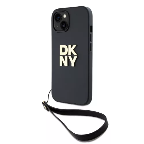DKNY PU Leather Stack Logo Wrist Strap tok, iPhone 13 - fekete