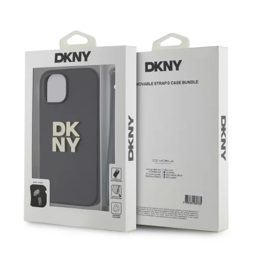 DKNY PU Leather Stack Logo Wrist Strap tok, iPhone 13 - fekete