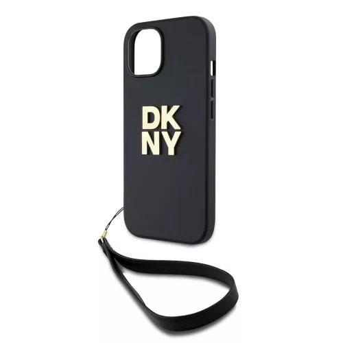 DKNY PU Leather Stack Logo Wrist Strap tok, iPhone 13 - fekete