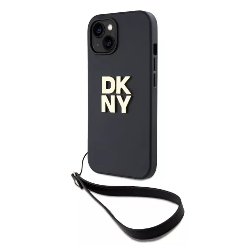 DKNY PU Leather Stack Logo Wrist Strap tok, iPhone 14 - fekete