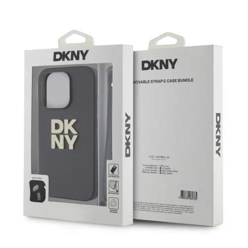 DKNY PU Leather Stack Logo Wrist Strap tok, iPhone 14 Pro - fekete