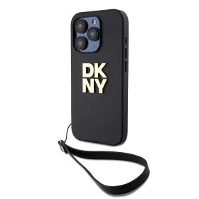   DKNY PU Leather Stack Logo Wrist Strap tok, iPhone 15 Pro - fekete
