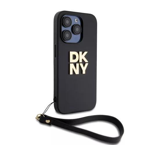DKNY PU Leather Stack Logo Wrist Strap tok, iPhone 15 Pro - fekete