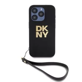   DKNY PU Leather Stack Logo Wrist Strap tok, iPhone 15 Pro Max - fekete