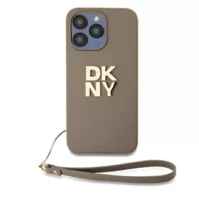   DKNY PU Leather Stack Logo Wrist Strap tok, iPhone 14 Pro Max - bézs