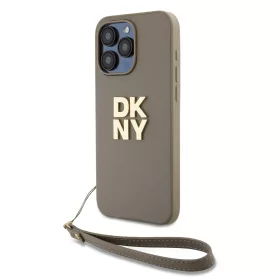   DKNY PU Leather Stack Logo Wrist Strap tok, iPhone 14 Pro Max - bézs