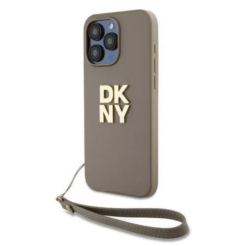DKNY PU Leather Stack Logo Wrist Strap tok, iPhone 14 Pro Max - bézs