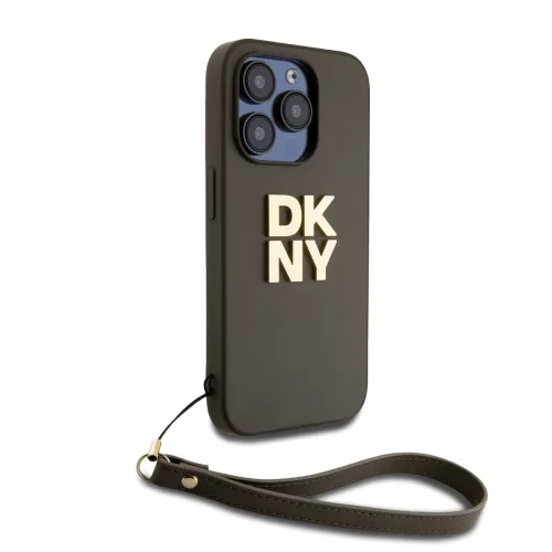 DKNY PU Leather Stack Logo Wrist Strap tok, iPhone 14 Pro - barna