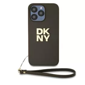   DKNY PU Leather Stack Logo Wrist Strap tok, iPhone 15 Pro - barna
