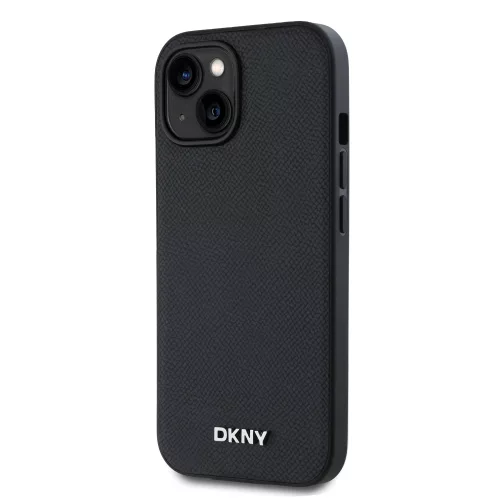 DKNY PU Leather Silver Metal Logo Magsafe tok, iPhone 14 - fekete