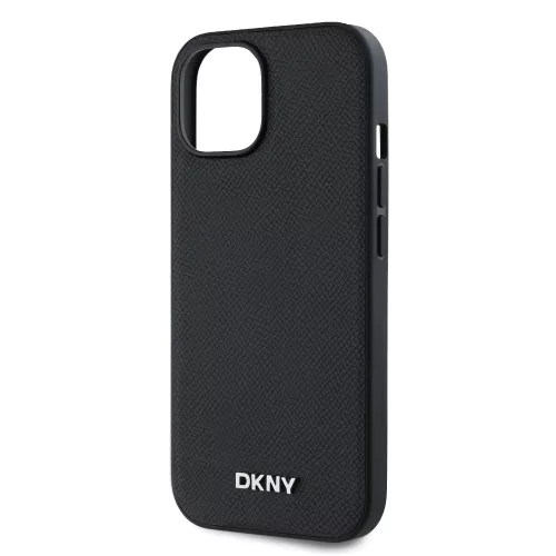 DKNY PU Leather Silver Metal Logo Magsafe tok, iPhone 14 - fekete