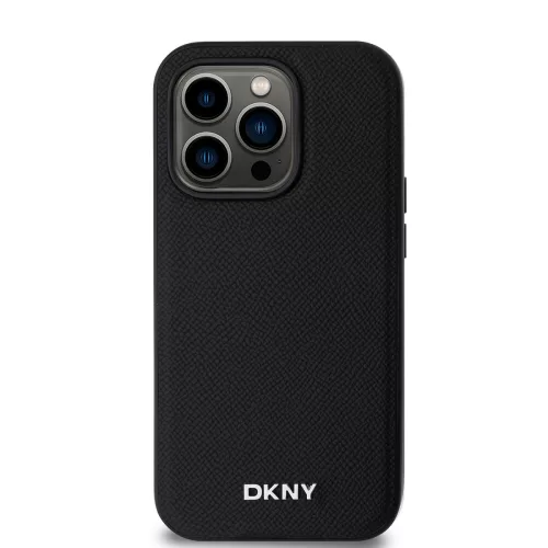 DKNY PU Leather Silver Metal Logo Magsafe tok, iPhone 14 Pro - fekete