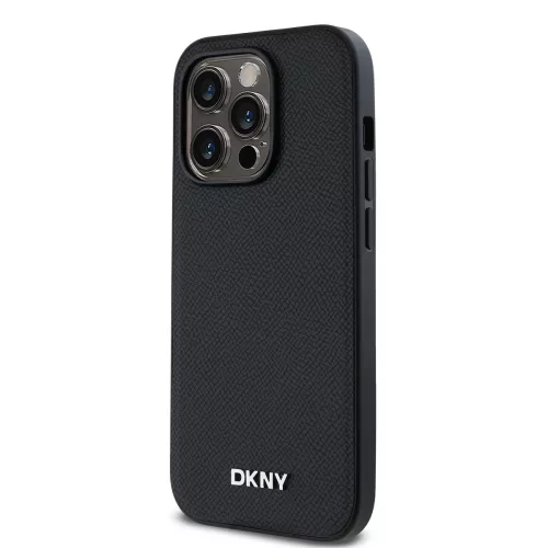 DKNY PU Leather Silver Metal Logo Magsafe tok, iPhone 14 Pro - fekete