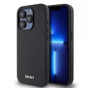   DKNY PU Leather Silver Metal Logo Magsafe tok, iPhone 15 Pro - fekete