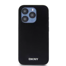   DKNY PU Leather Silver Metal Logo Magsafe tok, iPhone 15 Pro - fekete