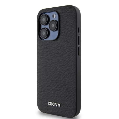 DKNY PU Leather Silver Metal Logo Magsafe tok, iPhone 15 Pro - fekete
