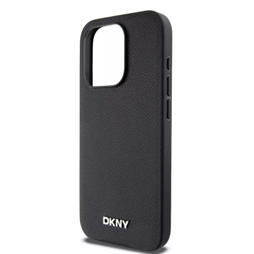 DKNY PU Leather Silver Metal Logo Magsafe tok, iPhone 15 Pro - fekete