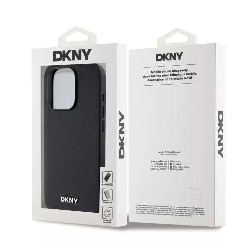 DKNY PU Leather Silver Metal Logo Magsafe tok, iPhone 15 Pro - fekete