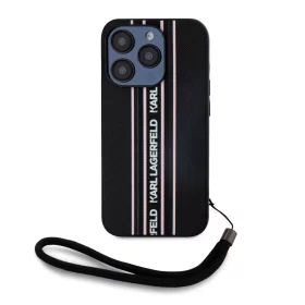   Karl Lagerfeld PU Saffiano Athleisure Stripe and Strap tok, iPhone 15 Pro Max - fekete / rózsaszín csíkkal