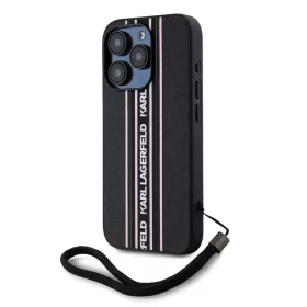   Karl Lagerfeld PU Saffiano Athleisure Stripe and Strap tok, iPhone 15 Pro Max - fekete / rózsaszín csíkkal