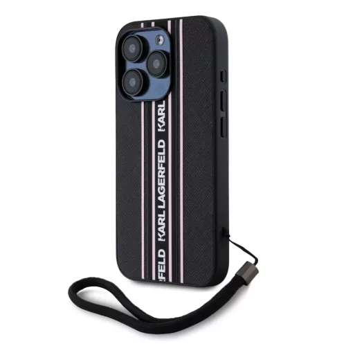 Karl Lagerfeld PU Saffiano Athleisure Stripe and Strap tok, iPhone 15 Pro Max - fekete / rózsaszín csíkkal