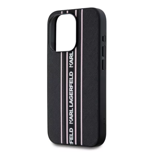 Karl Lagerfeld PU Saffiano Athleisure Stripe and Strap tok, iPhone 15 Pro Max - fekete / rózsaszín csíkkal