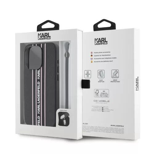 Karl Lagerfeld PU Saffiano Athleisure Stripe and Strap tok, iPhone 15 Pro Max - fekete / rózsaszín csíkkal