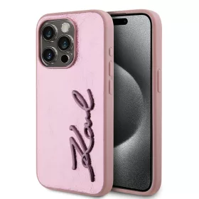   Karl Lagerfeld Wrinkled PU Signature Logo tok, iPhone 15 Pro - rózsaszín