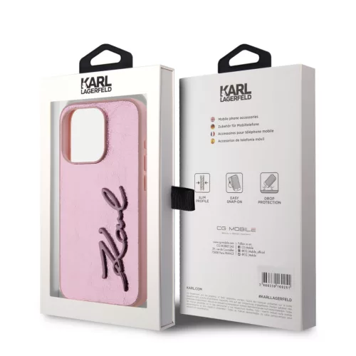 Karl Lagerfeld Wrinkled PU Signature Logo tok, iPhone 15 Pro - rózsaszín