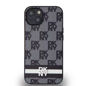   DKNY PU Leather Checkered Pattern and Stripe tok, iPhone 14 - fekete