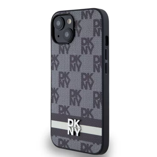 DKNY PU Leather Checkered Pattern and Stripe tok, iPhone 14 - fekete