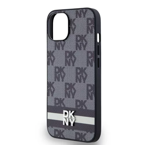 DKNY PU Leather Checkered Pattern and Stripe tok, iPhone 14 - fekete